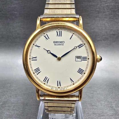 Seiko Watch Men 34mm Ivory Dial Gold  Date Round 7N29-8A09 New Battery VTG0