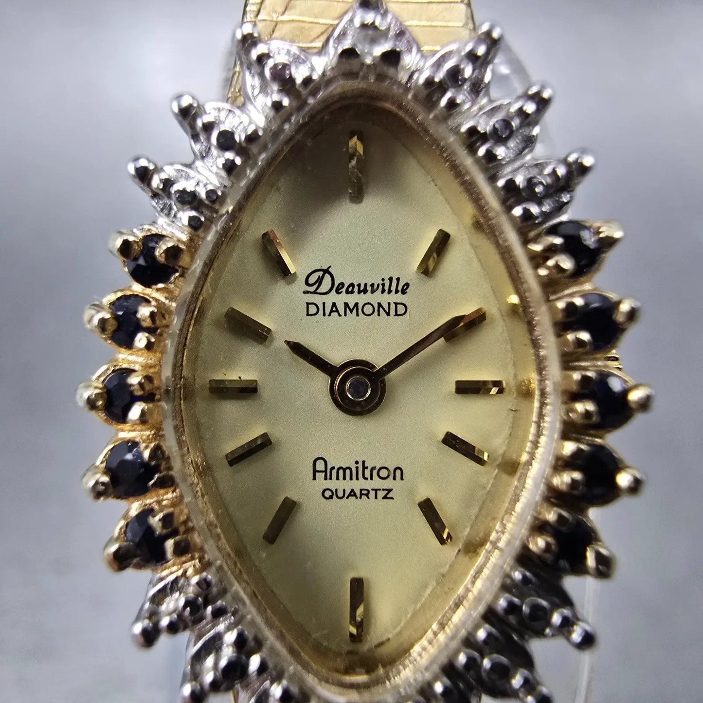 Armitron Deauville Diamond Watch Women 15mm Gold Dial Gold Sapphire Oval NewBatt1