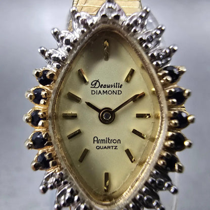 Armitron Deauville Diamond Watch Women 15mm Gold Dial Gold Sapphire Oval NewBatt1