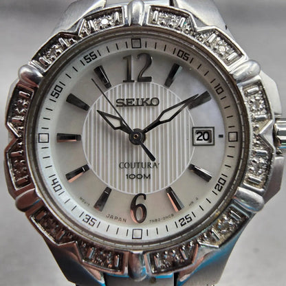 Seiko Coutura Watch Women 29mm MOP Dial Silver Tone Date Gemmed 7N82-0GD0 NewBat1