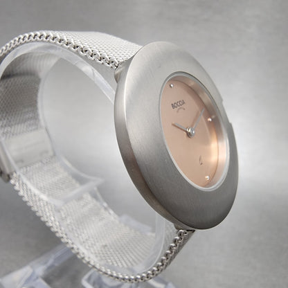 Boccia Titanium Watch Women 34mm Pink Dial Gray Case Round Mesh Band New Battery