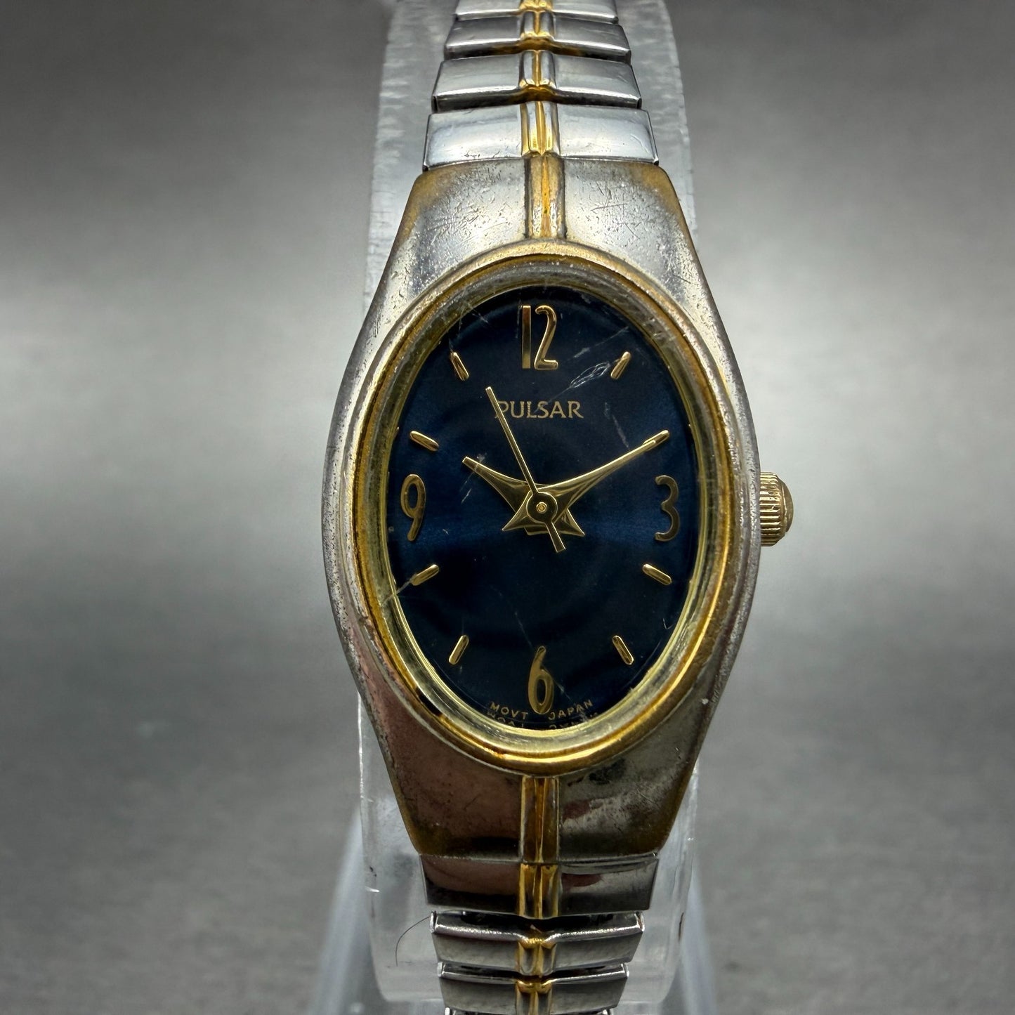 Seiko Pulsar Watch Women 17mm Blue Dial Two Tone Oval 1N00-X057 New Battery0