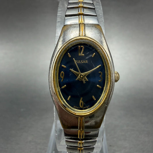 Seiko Pulsar Watch Women 17mm Blue Dial Two Tone Oval 1N00-X057 New Battery0