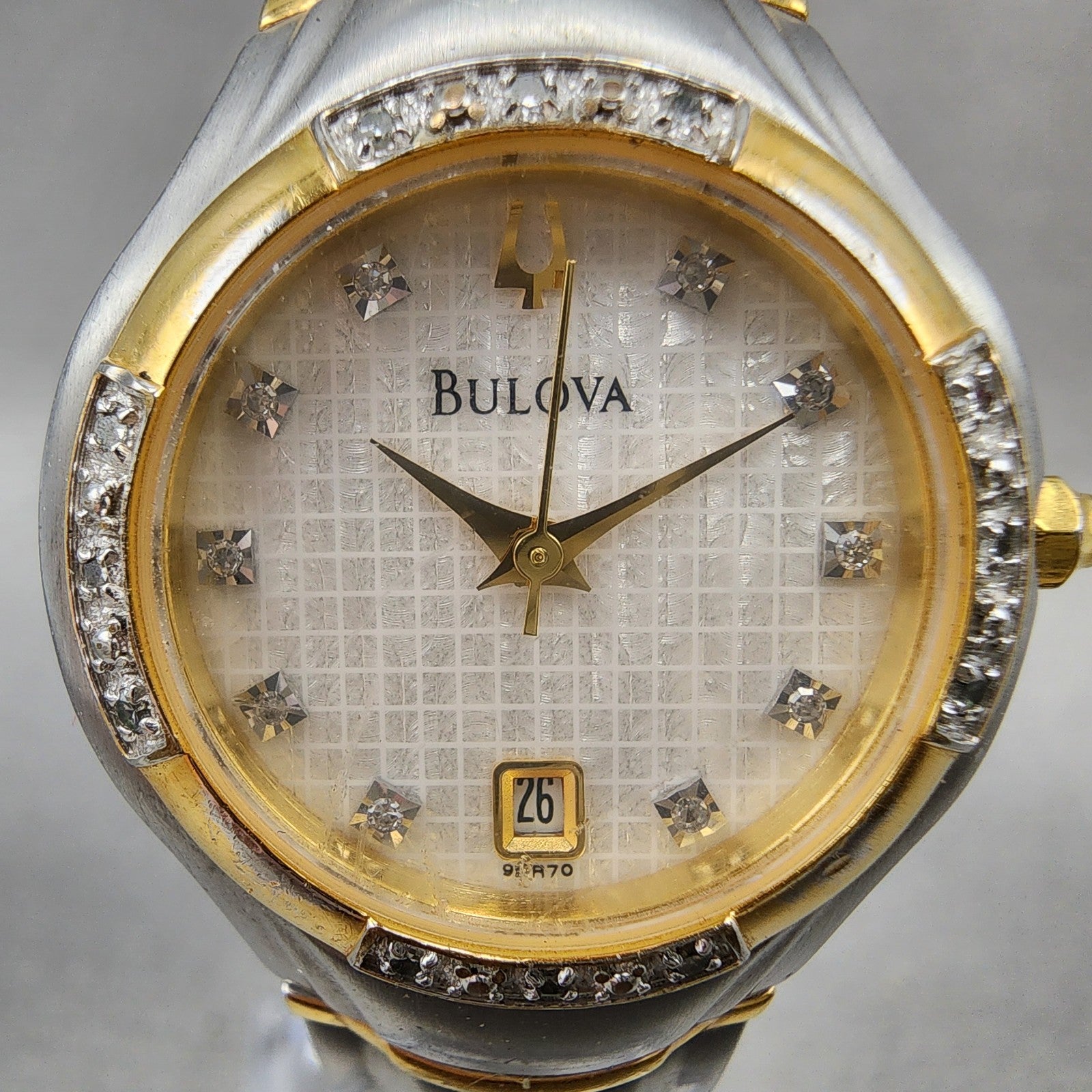 Bulova Watch Women 26mm White Dial Two Tone Date Round Diamond 98R70 New Battery1