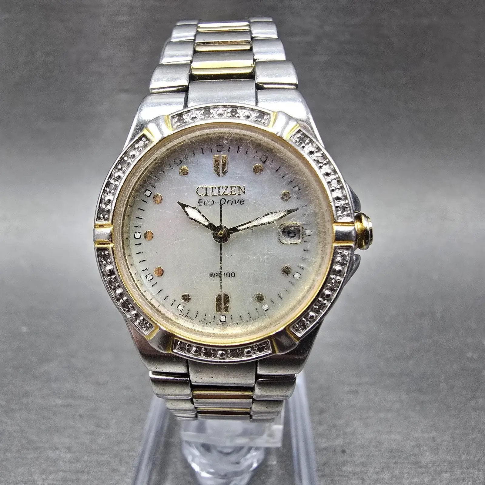 Citizen Eco-Drive Watch Women 27mm MOP Dial Two Tone Gemmed E011-S044235 Works K1
