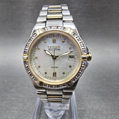 Citizen Eco-Drive Watch Women 27mm MOP Dial Two Tone Gemmed E011-S044235 Works K1