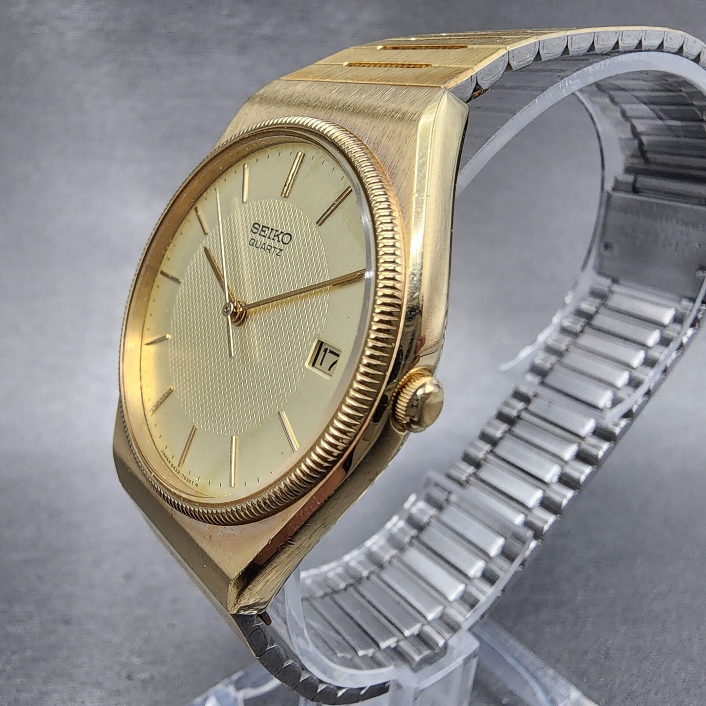 VTG Seiko Watch Men 32mm Gold Dial Gold Tone Date Round 64327019 PARTS3