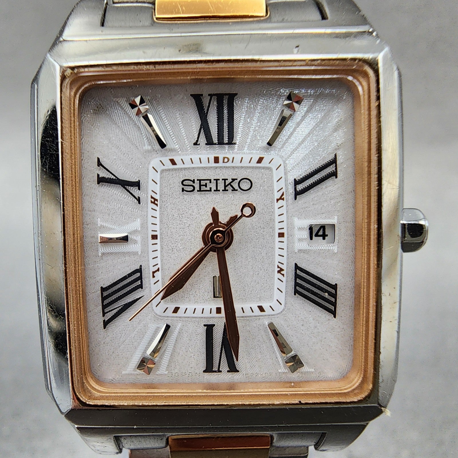 Seiko Lukia Tank Watch Women 26mm White Dial Two Tone Date Atomic Solar Runs1