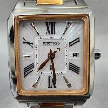 Seiko Lukia Tank Watch Women 26mm White Dial Two Tone Date Atomic Solar Runs1