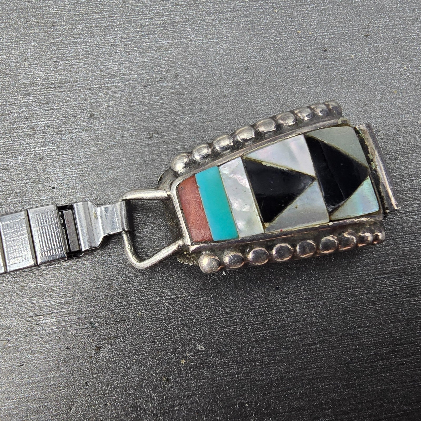 Navajo Sterling Silver Watch Band Tips 11mm Turquoise Coral Arrow Pattern Women5