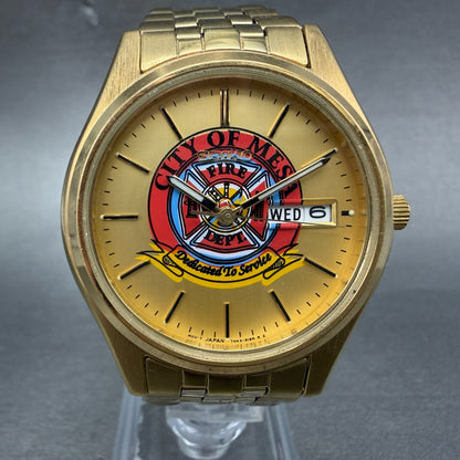 Seiko watch Men 36mm Gold Dial Gold Tone Daydate Round 7n43-9048 New Battery0