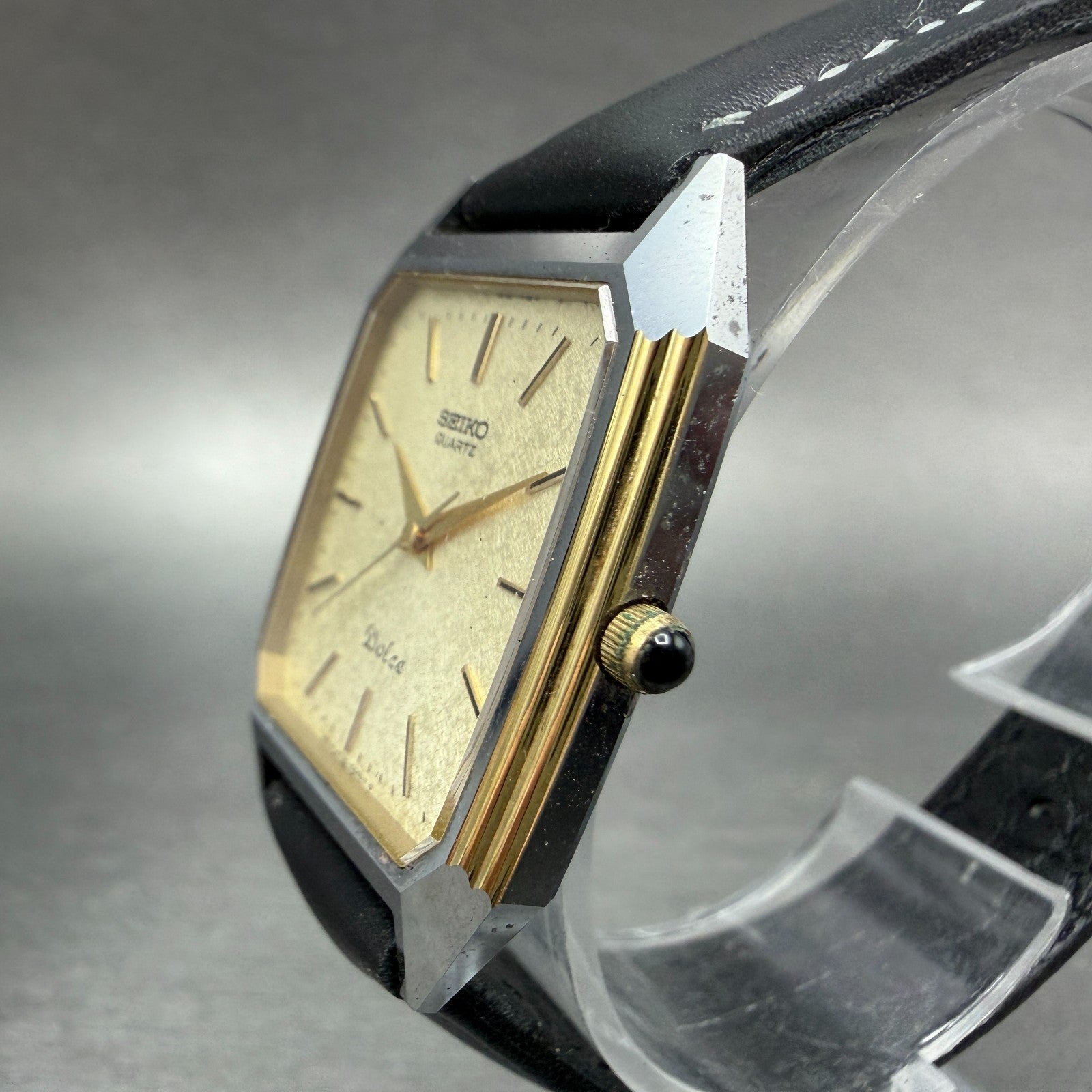 Seiko Dolce Tank Watch Men 28mm Champagne Dial Two Tone 6030-5390 New Battery2
