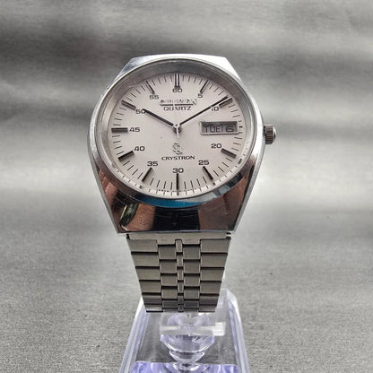 Citizen Crystron Watch Men 35mm Silver Dial Silver Tone Daydate 4-730585 New Bat5