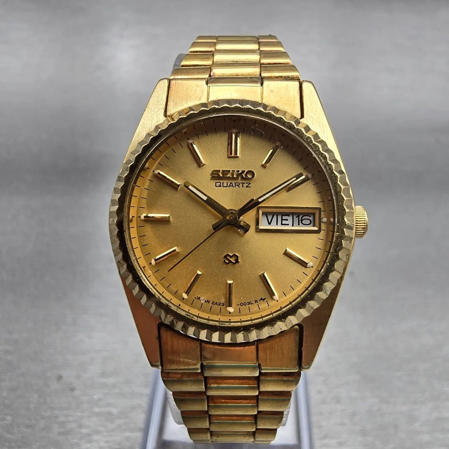 Seiko SQ Watch Women 24mm Gold Dial Gold Tone Daydate Round 2A23-0039 New Batt0