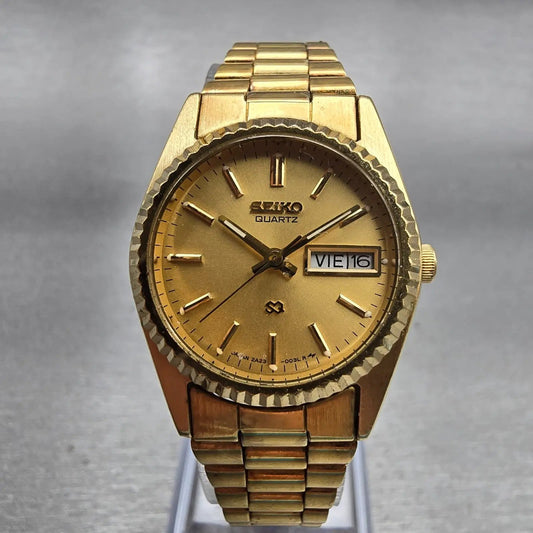 Seiko SQ Watch Women 24mm Gold Dial Gold Tone Daydate Round 2A23-0039 New Batt0