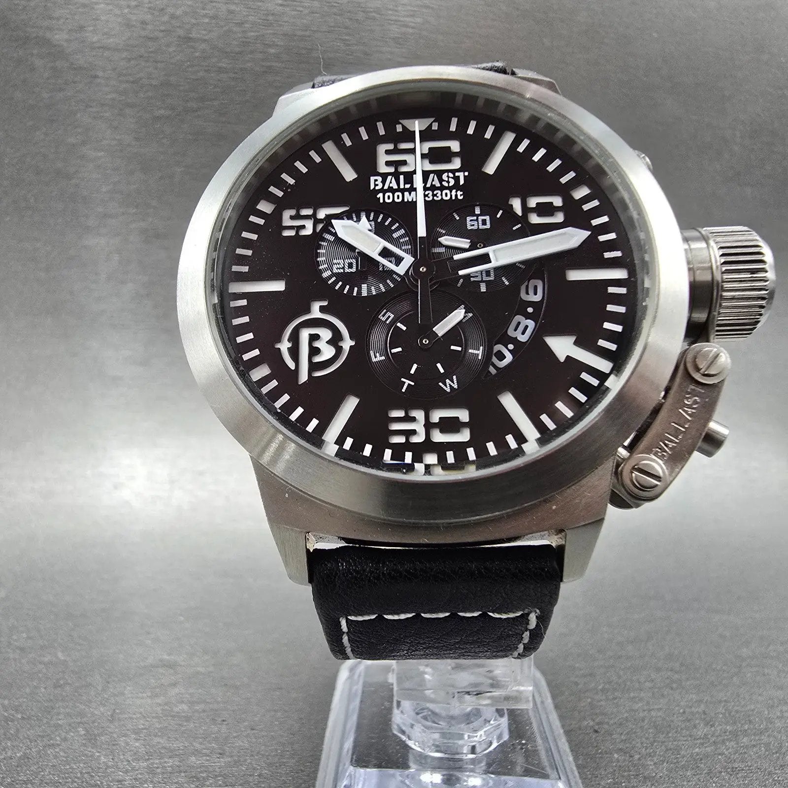 Ballast Trafalgar Chronograph Watch Men 47mm Black Dial Steel Daydate New Batt5
