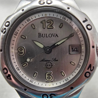 Bulova Marine Star Watch Women 28mm Silver Dial Silver Tone Date 96M25 New Batt1