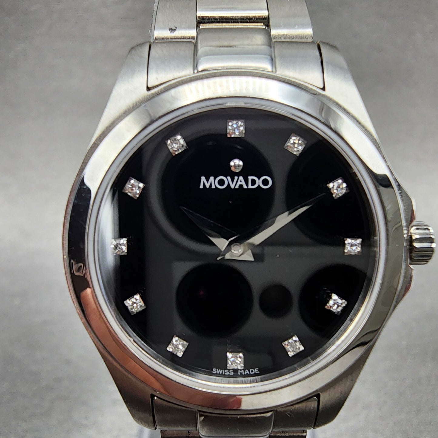 Movado Junior Sport Watch Women 26mm Black Dial Steel Round New Batt Full Set2