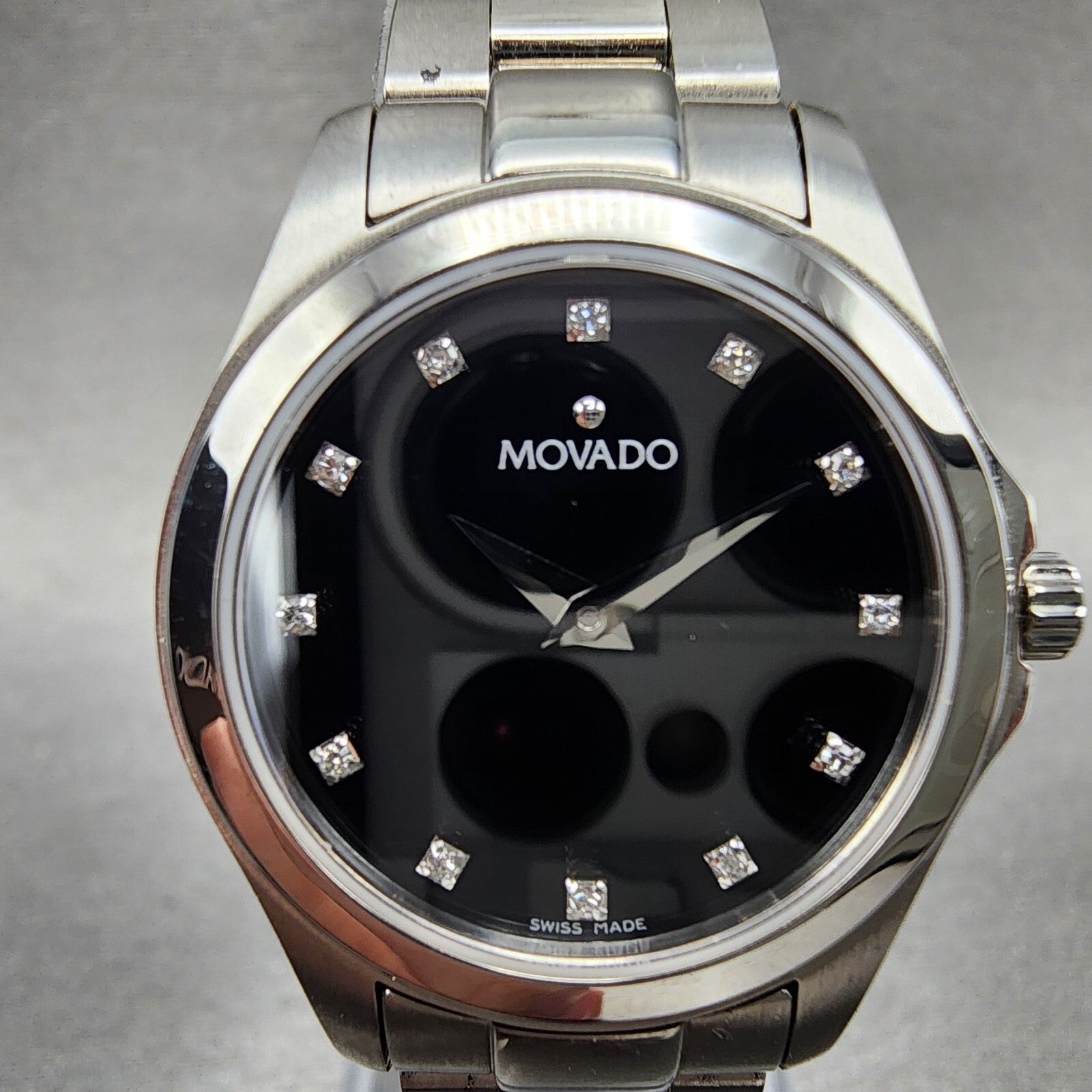Movado Junior Sport Watch Women 26mm Black Dial Steel Round New Batt Full Set2