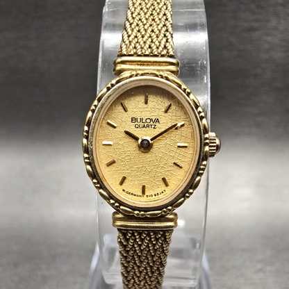 Bulova Watch Women 15mm Gold Dial Gold Tone Oval New Battery Vintage0