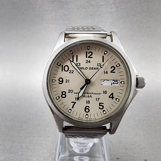 Seiko ALBA Field Gear Watch Men 35mm Cream Dial Silver Daydate V743-8000 PARTS