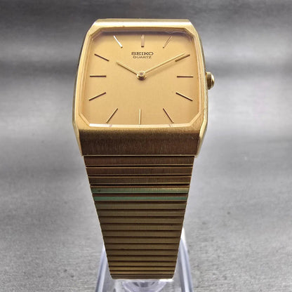 Seiko Watch Men 26mm Gold Dial Gold Tone Rectangle 6530-5089 New Battery Vintage5