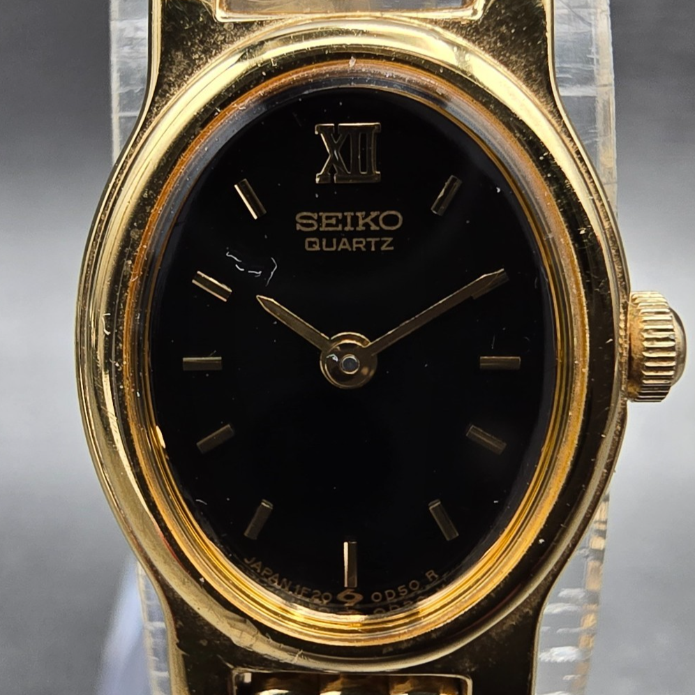 Seiko Watch Women 14mm Black Dial Gold Tone Oval 1F20-5B99 New Battery Vintage P1