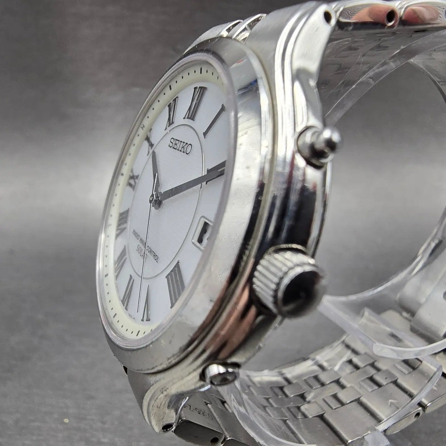 Seiko Solar Watch Men 38mm White Dial Silver Tone Date Atomic 7B22-0AM0 READ!!!!3