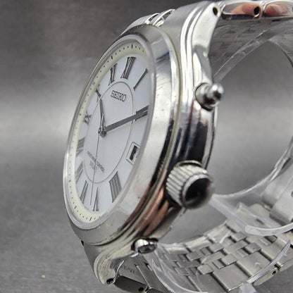 Seiko Solar Watch Men 38mm White Dial Silver Tone Date Atomic 7B22-0AM0 READ!!!!3