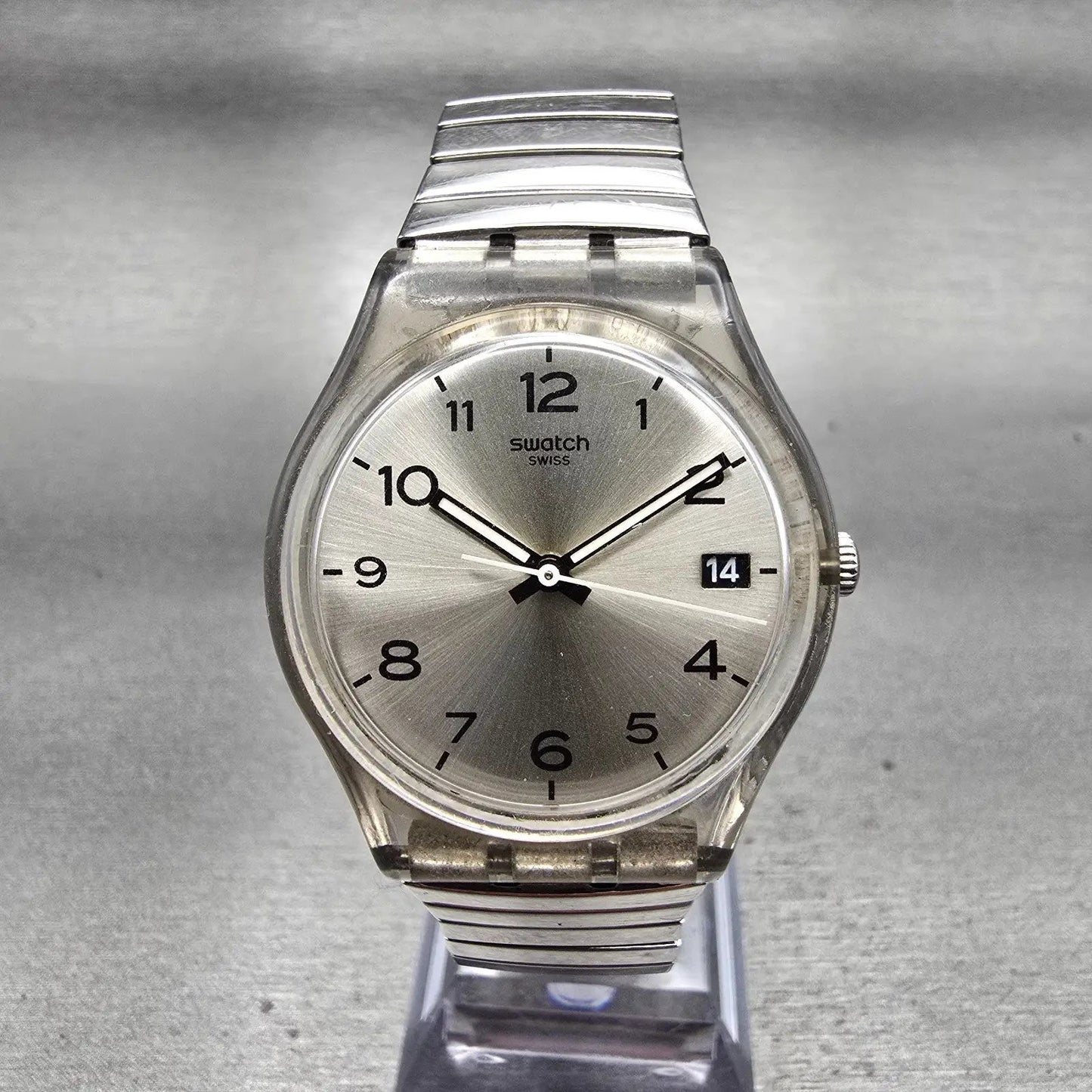Swatch Silverall Watch Men 34mm Silver Dial Clear Case Date GM416 New Battery0