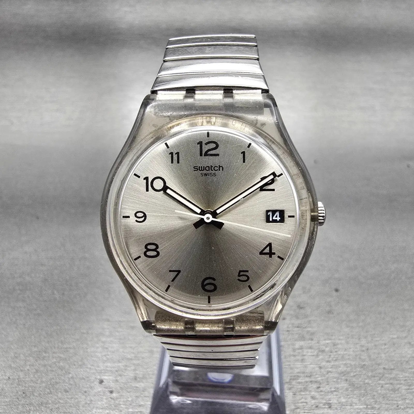 Swatch Silverall Watch Men 34mm Silver Dial Clear Case Date GM416 New Battery0