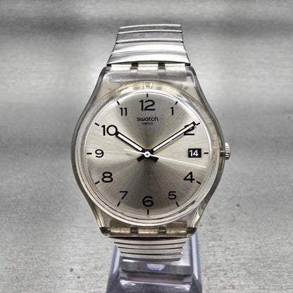 Swatch Silverall Watch Men 34mm Silver Dial Clear Case Date GM416 New Battery0