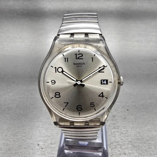 Swatch Silverall Watch Men 34mm Silver Dial Clear Case Date GM416 New Battery0