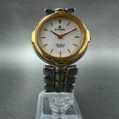Cyma Sealord Watch Men 31mm White Dial Two Tone Round 304 New Battery VTG5