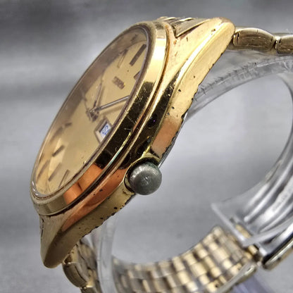 Seiko Watch Men 37mm Gold Dial Gold Tone Daydate Round 7N43-9048 New Battery VTG2