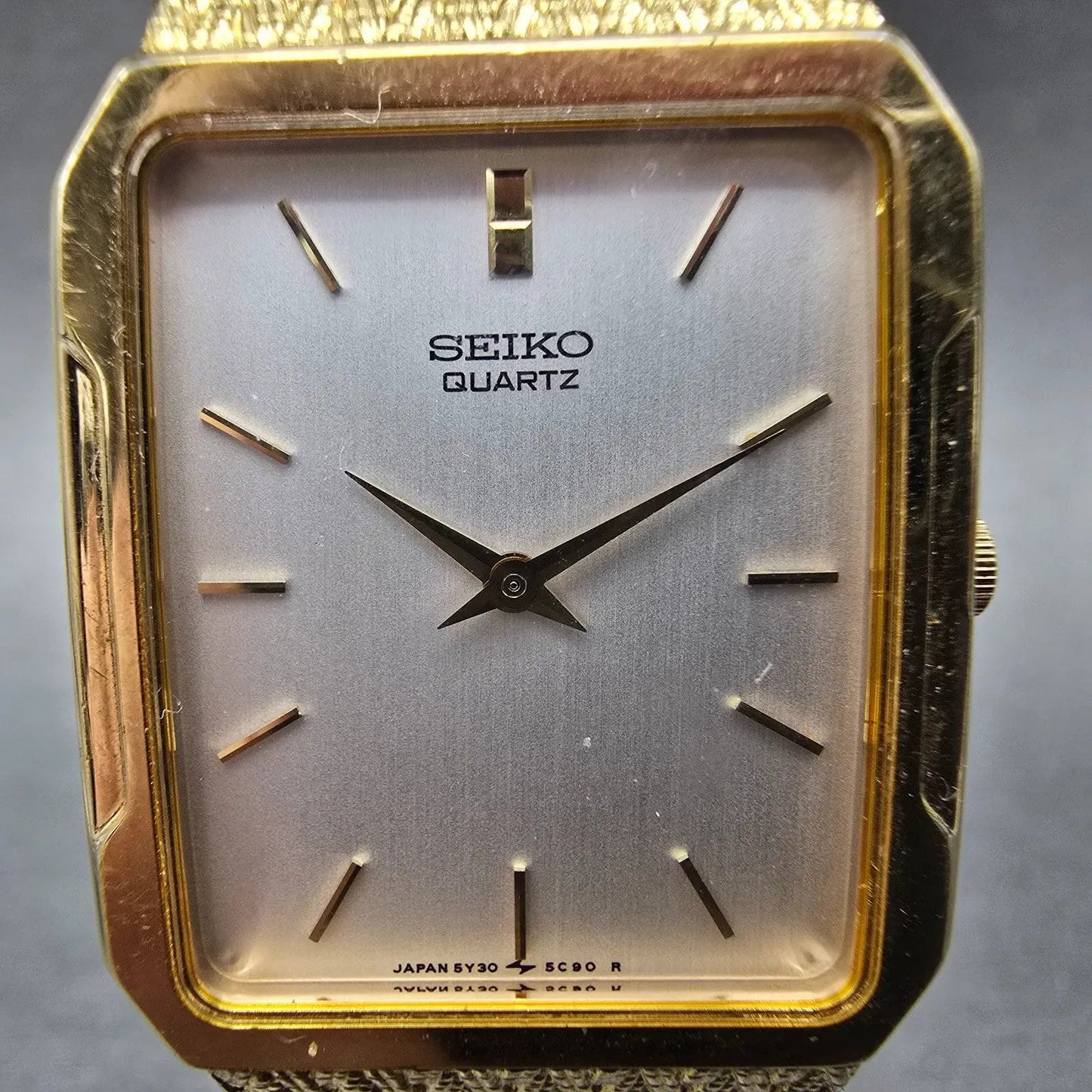 Seiko Tank Watch Men 25mm Silver Dial Gold Tone Rectangle 5Y30-5B49 New Battery1