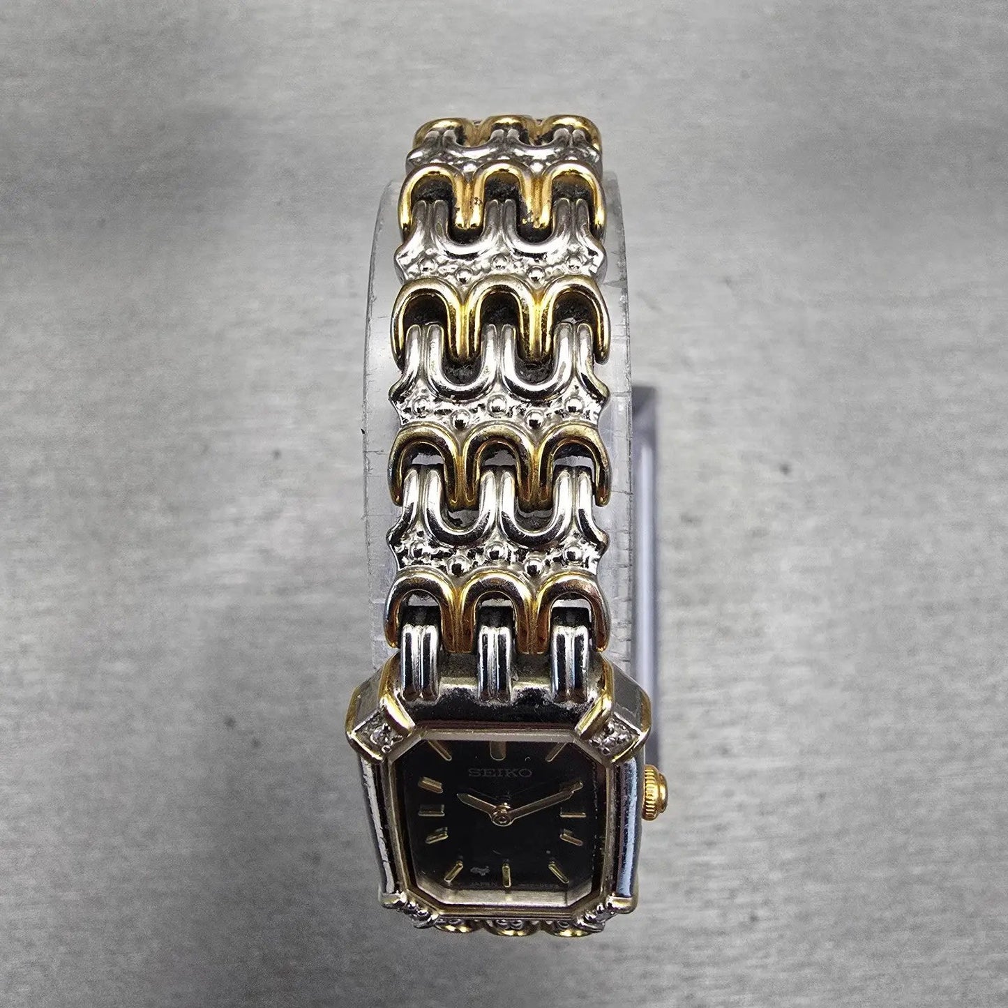 Seiko Watch Women 16mm Black Dial Two Tone Rectangle 1N00-0BK0 New Battery VTG4