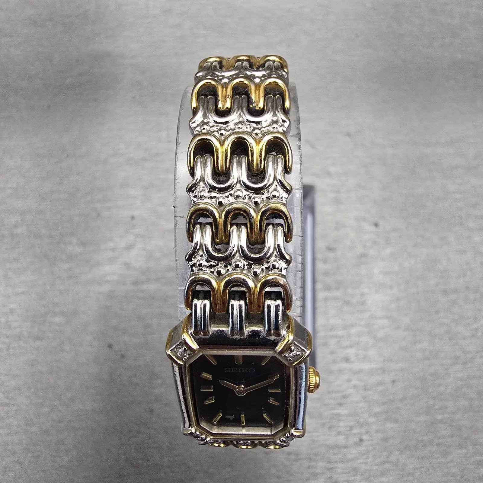 Seiko Watch Women 16mm Black Dial Two Tone Rectangle 1N00-0BK0 New Battery VTG4