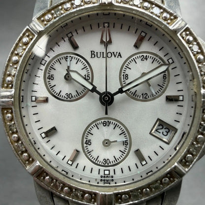 Bulova Chronograph Watch Women 30mm White Dial Silver Tone Date 96R19 New BattVE1