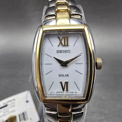 Seiko Solar Watch Women 18mm White Dial Two Tone Rectangle V115-0AA0 Works0
