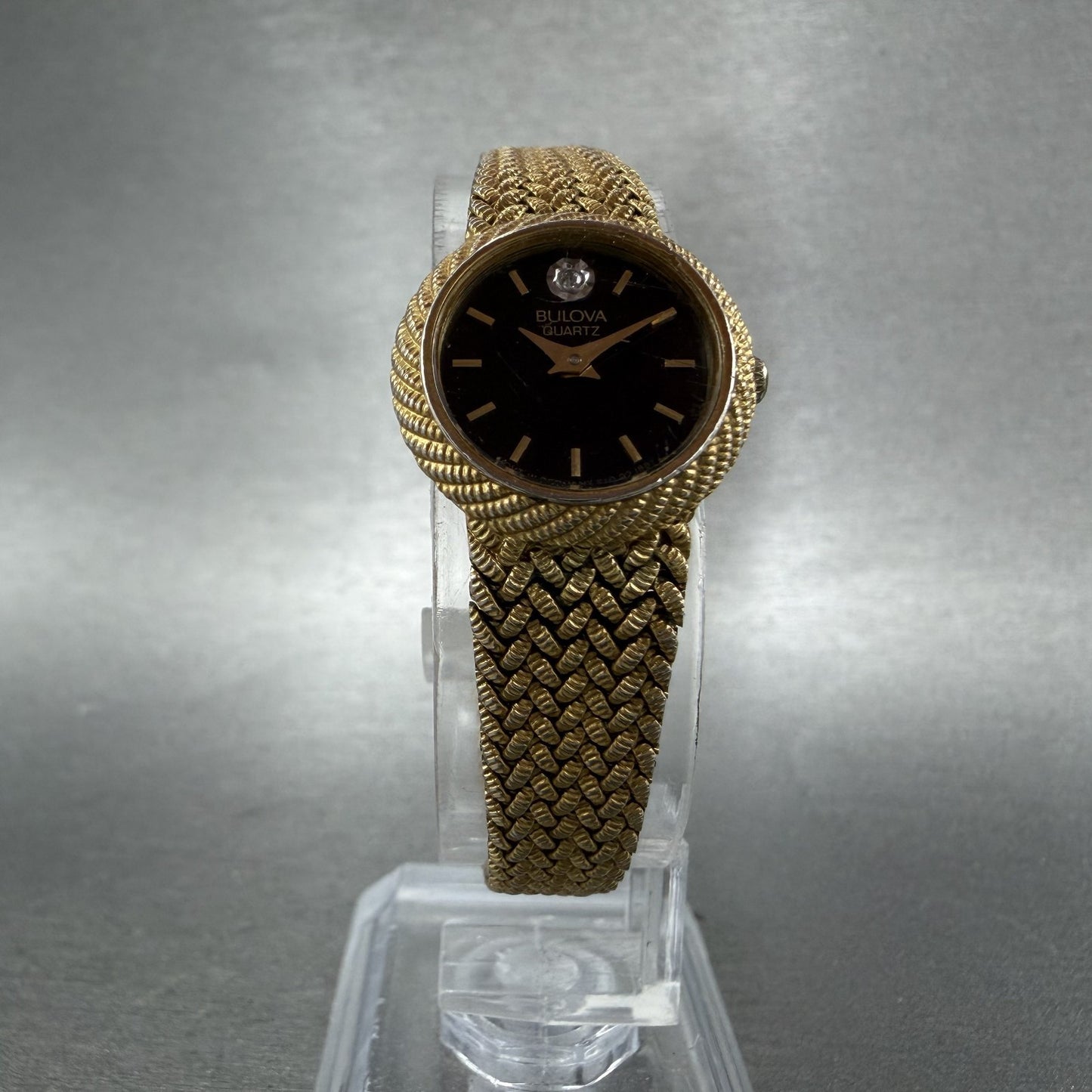 Bulova Watch Women 19mm Black Dial Gold Tone Round Mesh Band P7 New Battery VTG5