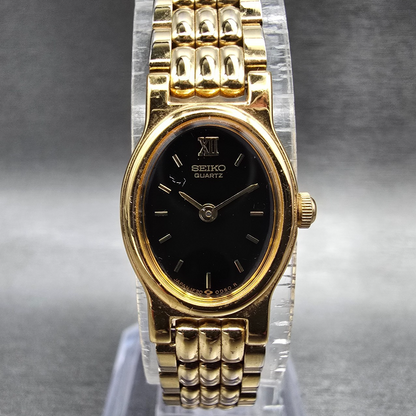 Seiko Watch Women 14mm Black Dial Gold Tone Oval 1F20-5B99 New Battery Vintage P0