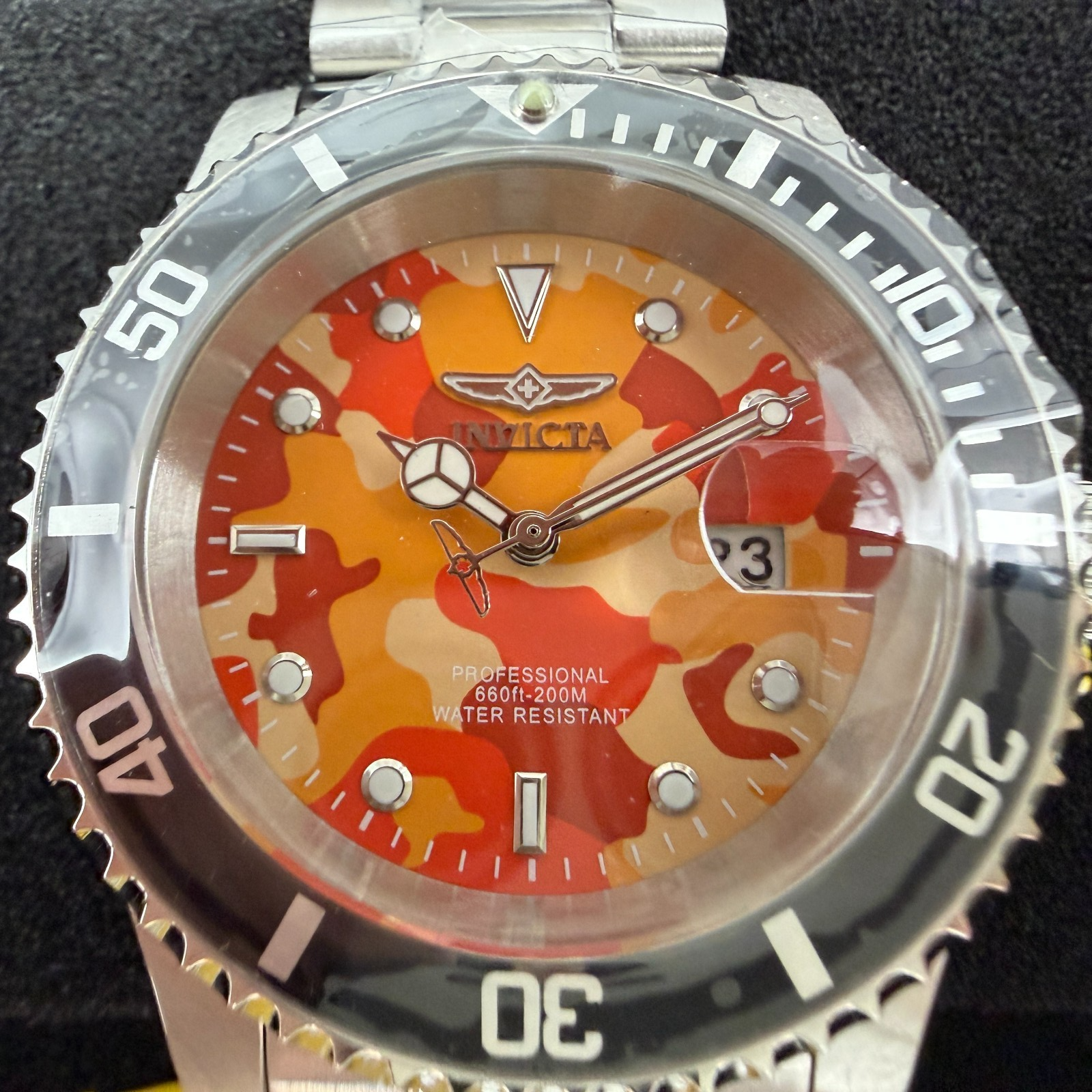 Invicta Pro Diver Watch Men 40mm Orange Camo Dial Steel Date Round 485691