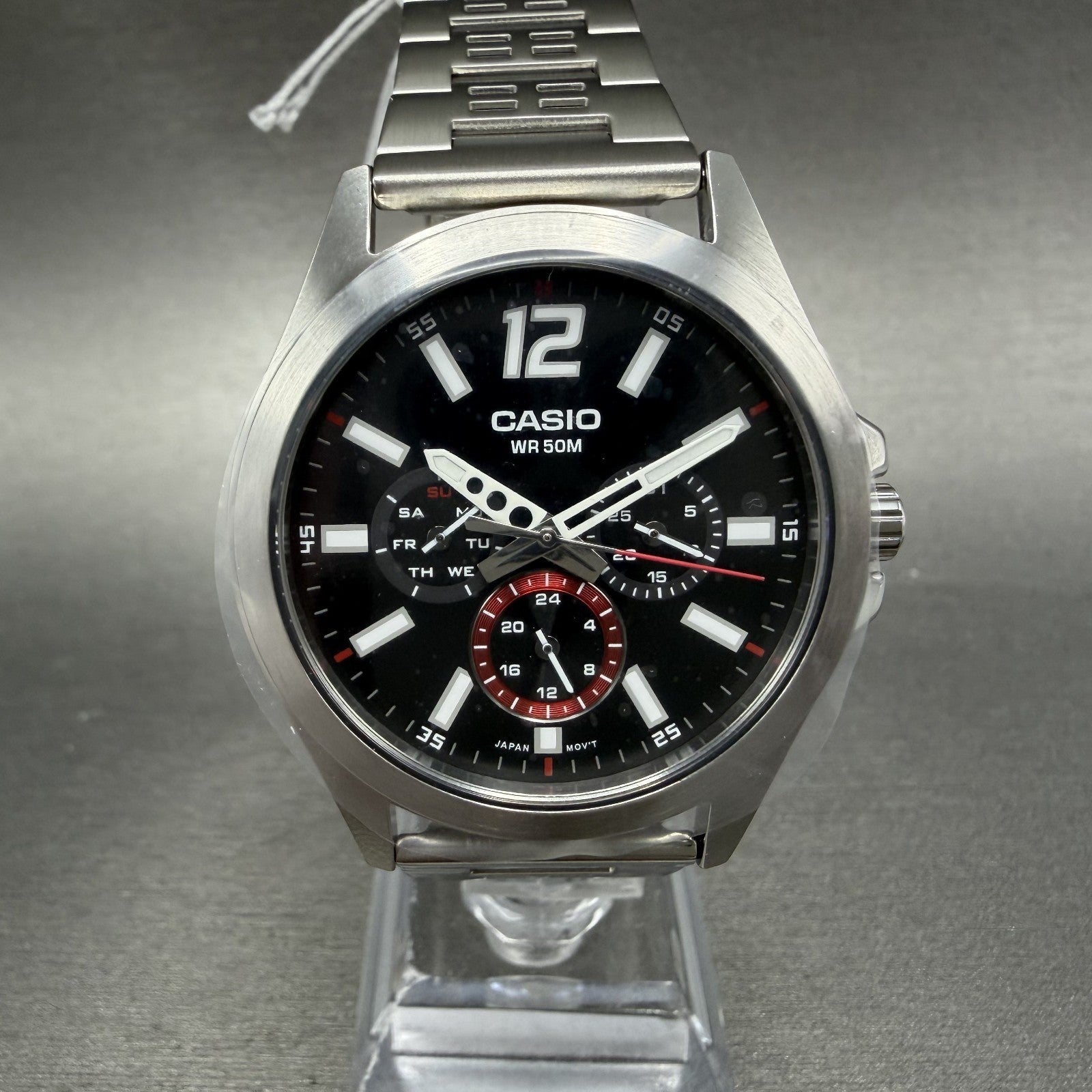 Casio MTP-E350 Watch Men 39mm Black Dial Silver Tone Daydate Metal Bracelet0