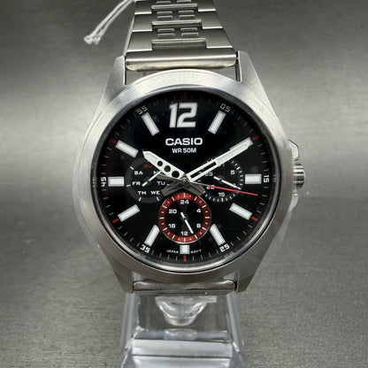Casio MTP-E350 Watch Men 39mm Black Dial Silver Tone Daydate Metal Bracelet0