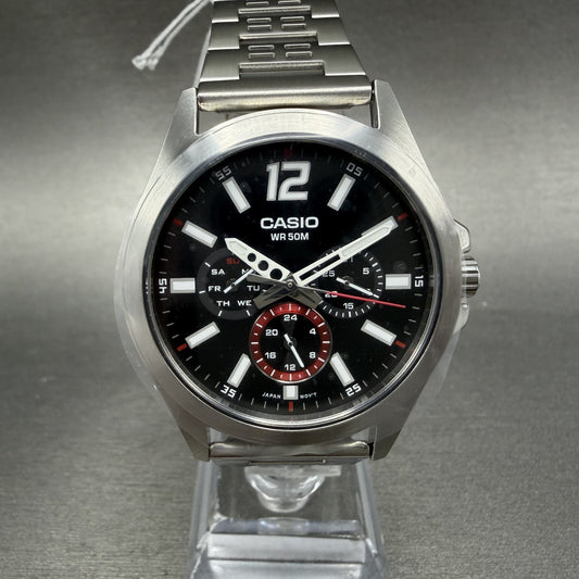 Casio MTP-E350 Watch Men 39mm Black Dial Silver Tone Daydate Metal Bracelet0