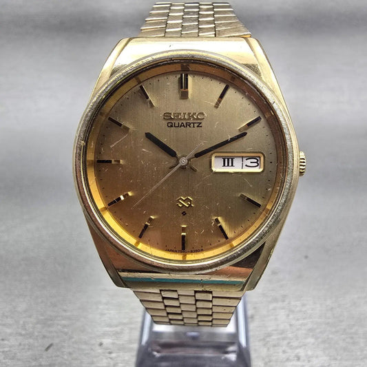 Seiko SQ Watch Men 35mm Gold Dial Gold Tone Daydate Round 7546-8320 New Battery0