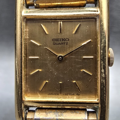Seiko Tank Watch Women 18mm Gold Dial Gold Tone Rectangle 1400-5039 New Battery1