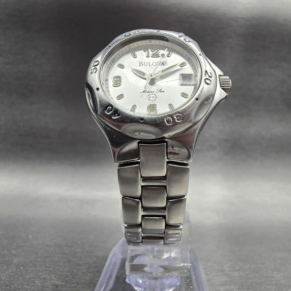 Bulova Marine Star Watch Women 28mm Silver Dial Silver Tone Date 96M25 New Batt5