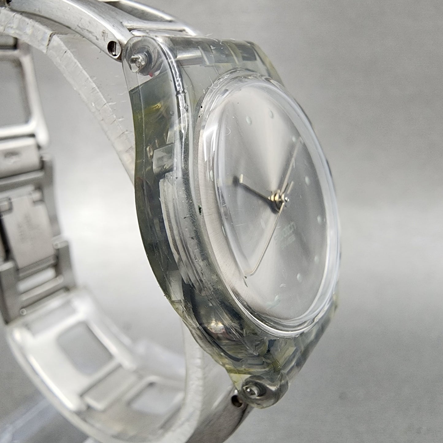Swatch Watch Women 25mm Silver Dial Clear Case Round New Battery VTG3